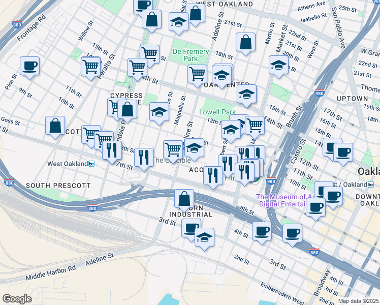 map of restaurants, bars, coffee shops, grocery stores, and more near 925 Adeline Street in Oakland