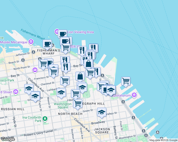 map of restaurants, bars, coffee shops, grocery stores, and more near in San Francisco