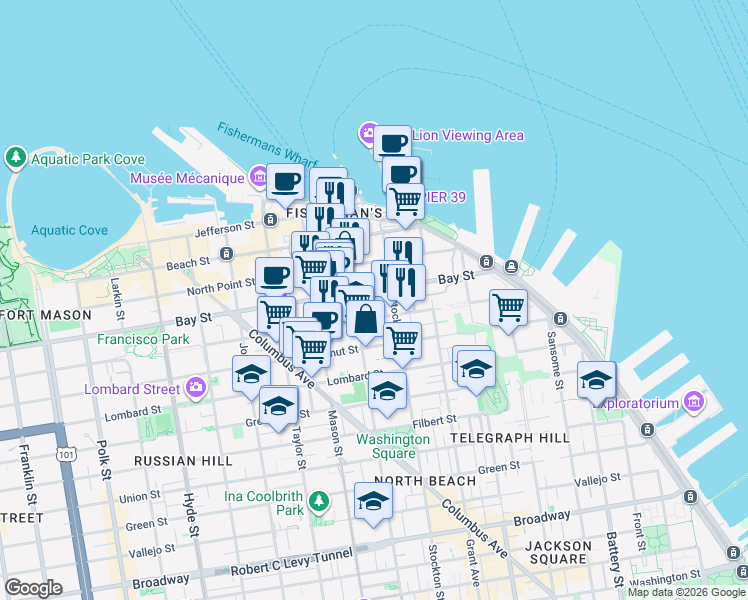 map of restaurants, bars, coffee shops, grocery stores, and more near in San Francisco