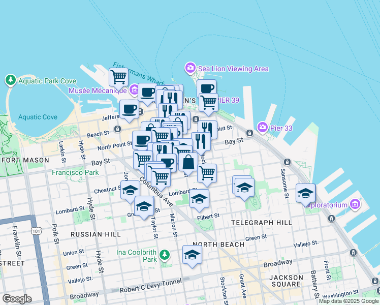 map of restaurants, bars, coffee shops, grocery stores, and more near in San Francisco