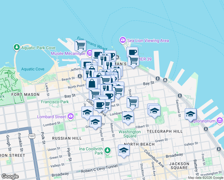 map of restaurants, bars, coffee shops, grocery stores, and more near 350 Bay Street in San Francisco