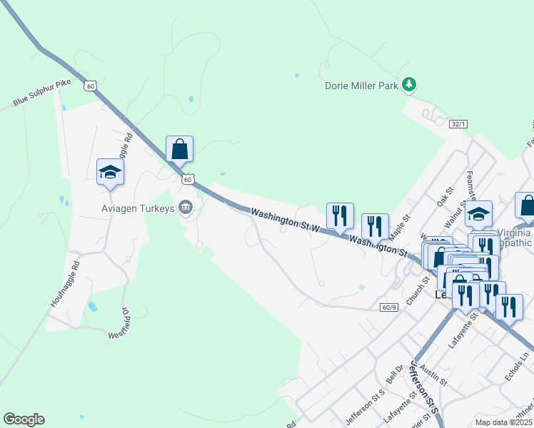 map of restaurants, bars, coffee shops, grocery stores, and more near 360 Washington Street in Lewisburg