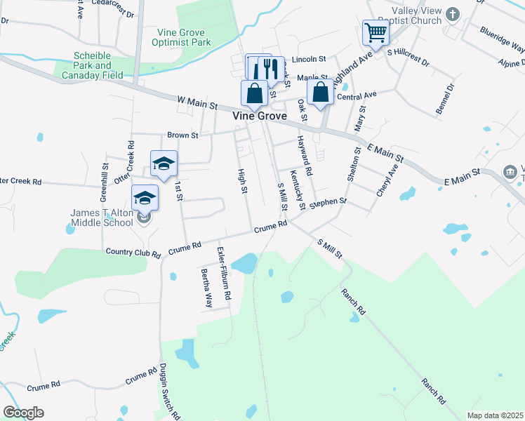 map of restaurants, bars, coffee shops, grocery stores, and more near 338 High St in Vine Grove