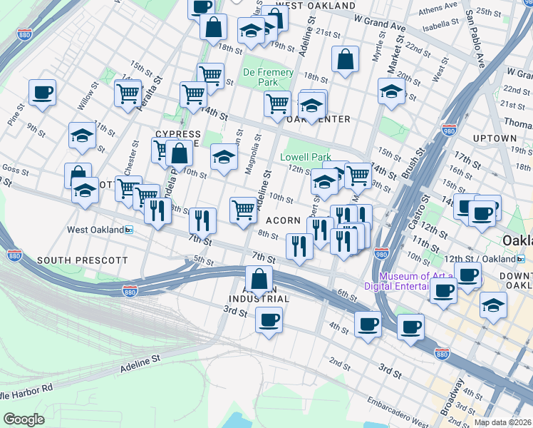 map of restaurants, bars, coffee shops, grocery stores, and more near 925 Adeline Street in Oakland
