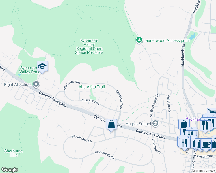 map of restaurants, bars, coffee shops, grocery stores, and more near 160 Alta Vista Way in Danville