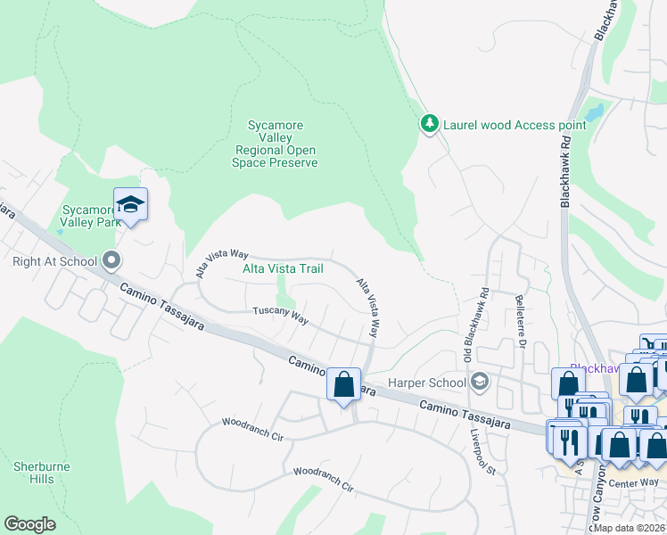 map of restaurants, bars, coffee shops, grocery stores, and more near 160 Alta Vista Way in Danville