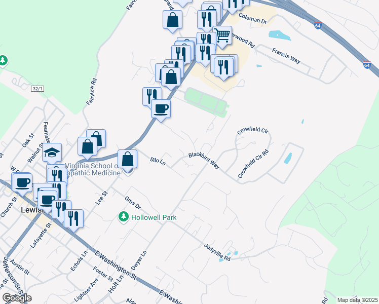 map of restaurants, bars, coffee shops, grocery stores, and more near 114 Silo Square in Lewisburg