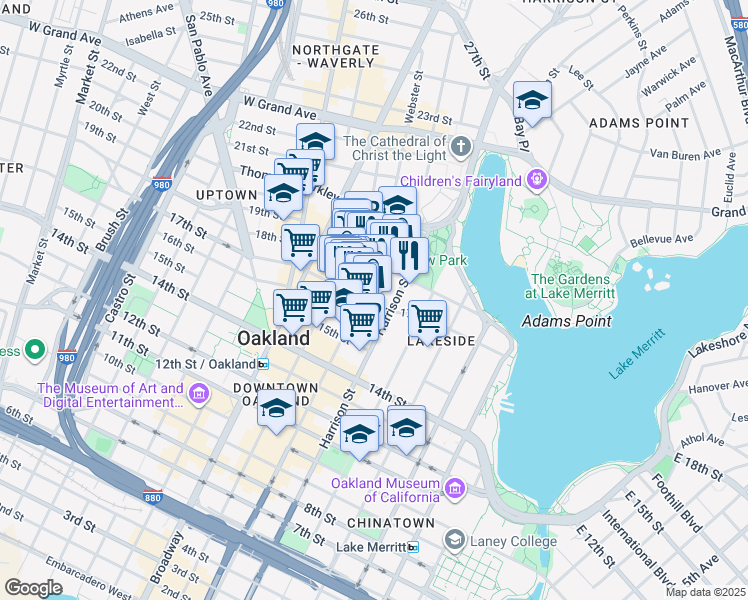 map of restaurants, bars, coffee shops, grocery stores, and more near 1732 Webster Street in Oakland