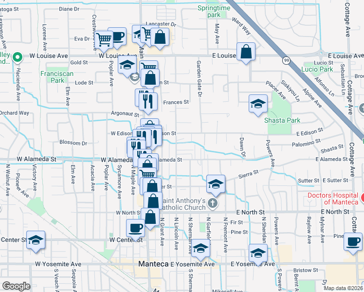 map of restaurants, bars, coffee shops, grocery stores, and more near 556 North Lincoln Avenue in Manteca