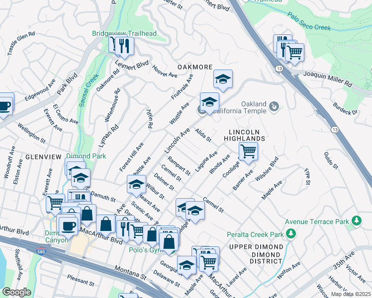 map of restaurants, bars, coffee shops, grocery stores, and more near in Oakland