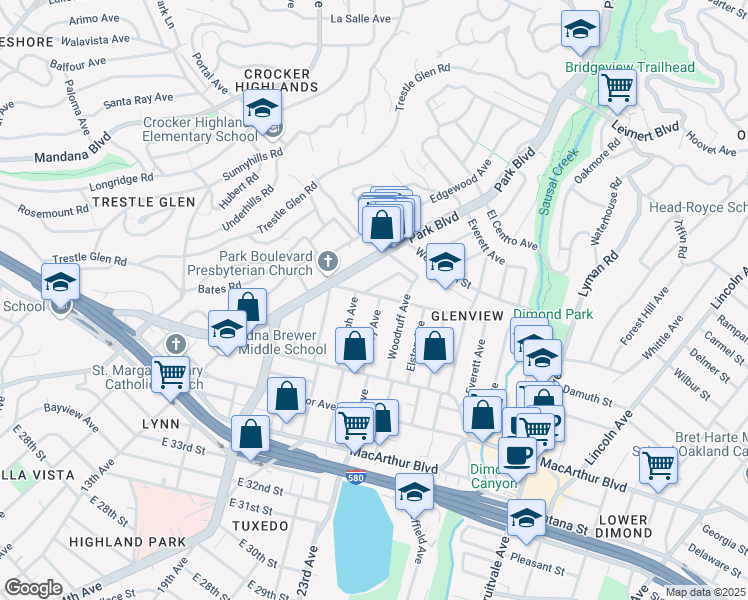 map of restaurants, bars, coffee shops, grocery stores, and more near 4100 Randolph Avenue in Oakland