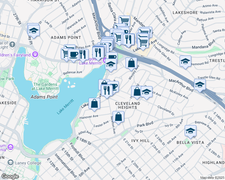 map of restaurants, bars, coffee shops, grocery stores, and more near 450 Merritt Avenue in Oakland