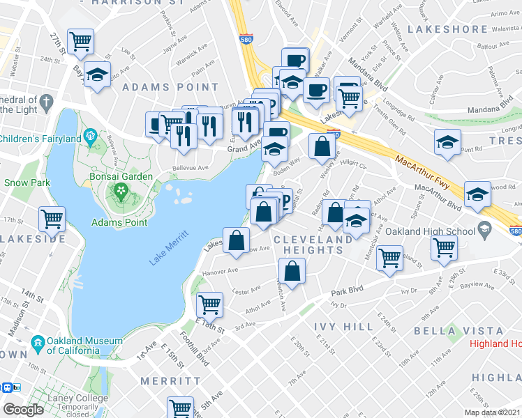 map of restaurants, bars, coffee shops, grocery stores, and more near 2204 Lakeshore Avenue in Oakland