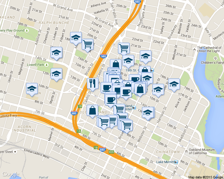 map of restaurants, bars, coffee shops, grocery stores, and more near 1307 Jefferson Street in Oakland