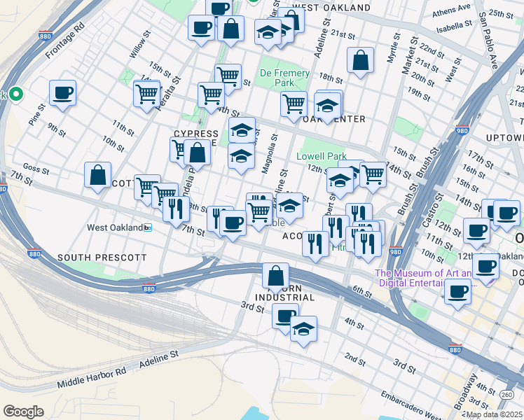 map of restaurants, bars, coffee shops, grocery stores, and more near 925 Adeline Street in Oakland