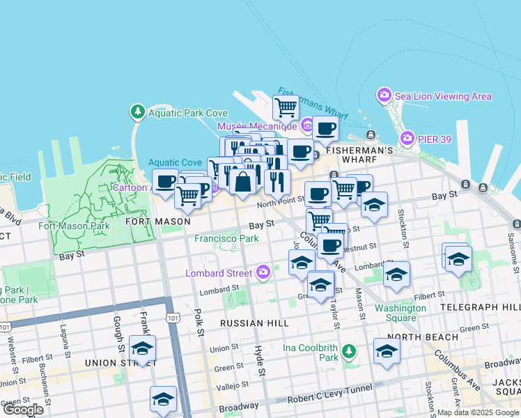 map of restaurants, bars, coffee shops, grocery stores, and more near 750 North Point Street in San Francisco