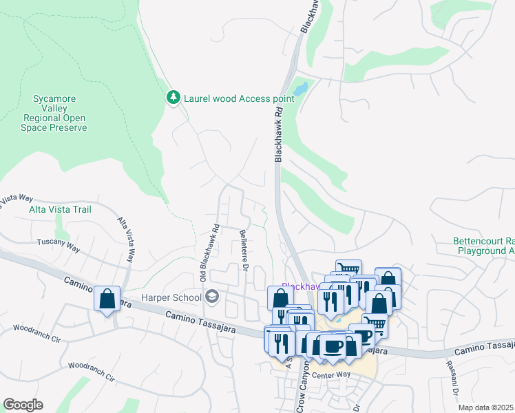 map of restaurants, bars, coffee shops, grocery stores, and more near 14 Pinewood Lane in Danville