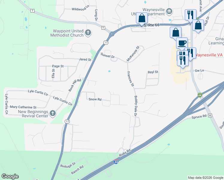 map of restaurants, bars, coffee shops, grocery stores, and more near 24550 Safe Road in Waynesville