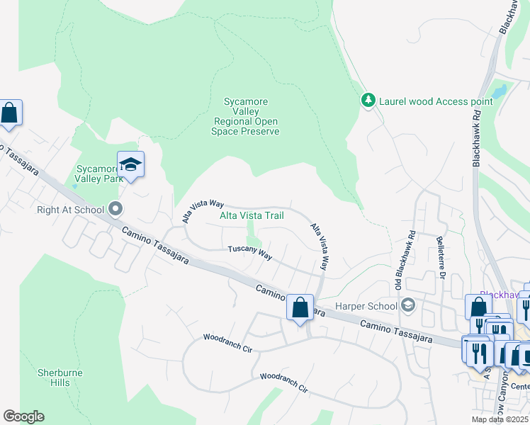 map of restaurants, bars, coffee shops, grocery stores, and more near 150 Alta Vista Way in Danville