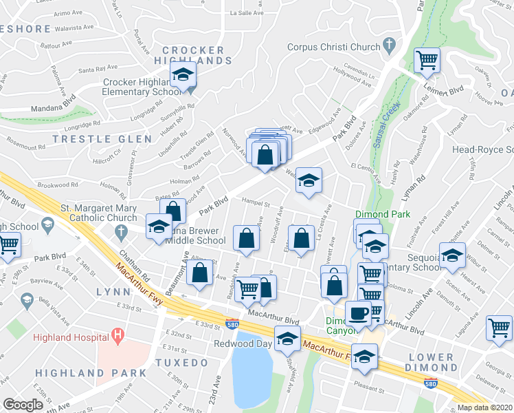 map of restaurants, bars, coffee shops, grocery stores, and more near 1365 Hampel Street in Oakland