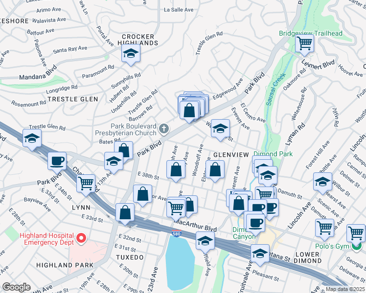 map of restaurants, bars, coffee shops, grocery stores, and more near 1365 Hampel Street in Oakland