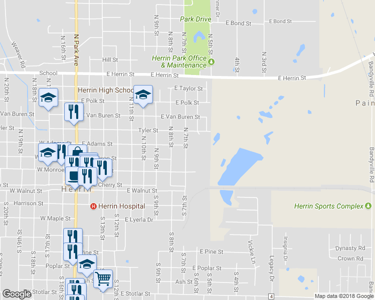 map of restaurants, bars, coffee shops, grocery stores, and more near 318 North 7th Street in Herrin