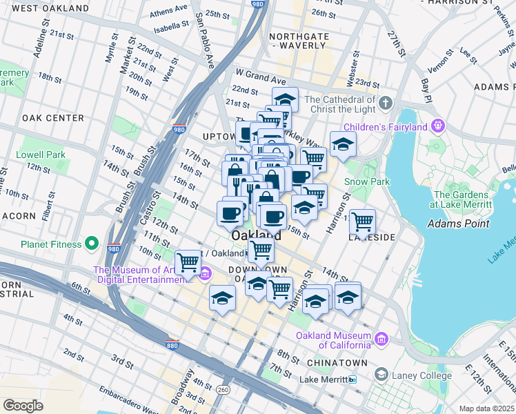 map of restaurants, bars, coffee shops, grocery stores, and more near in Oakland