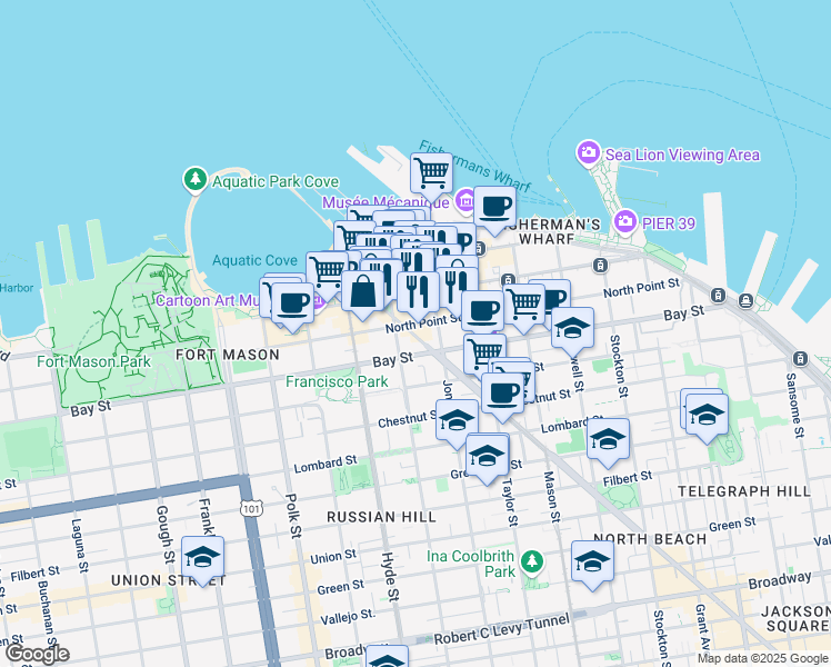 map of restaurants, bars, coffee shops, grocery stores, and more near 1288 Columbus Ave in San Francisco