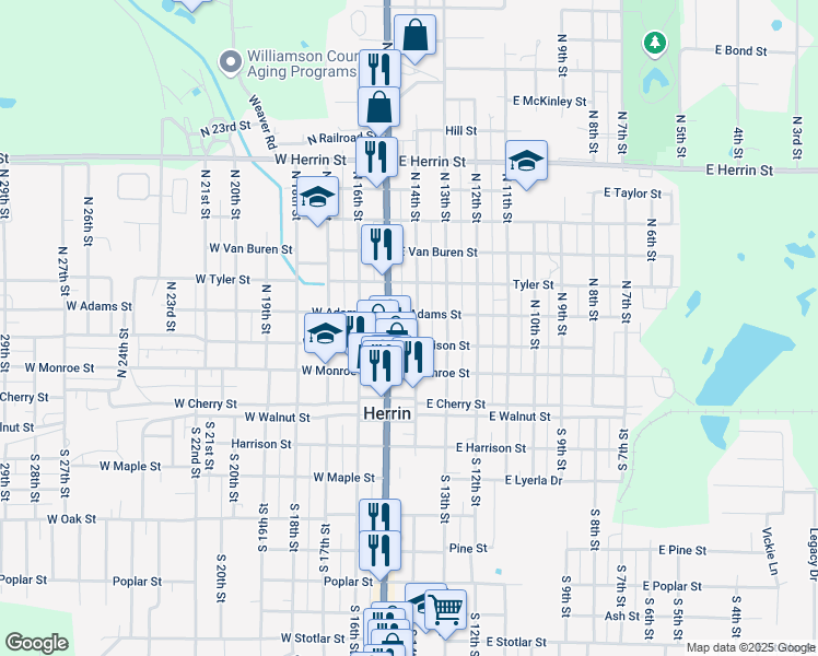 map of restaurants, bars, coffee shops, grocery stores, and more near 301-399 North 14th Street in Herrin