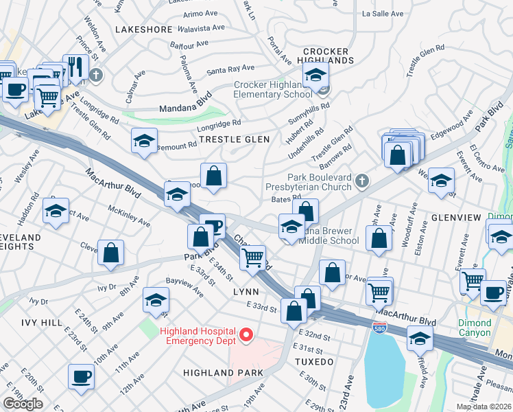 map of restaurants, bars, coffee shops, grocery stores, and more near 741 Grosvenor Place in Oakland