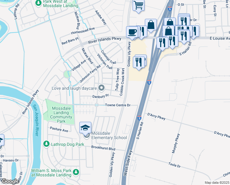 map of restaurants, bars, coffee shops, grocery stores, and more near 274 Finchwood Drive in Lathrop