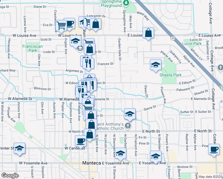 map of restaurants, bars, coffee shops, grocery stores, and more near 332 East Edison Street in Manteca
