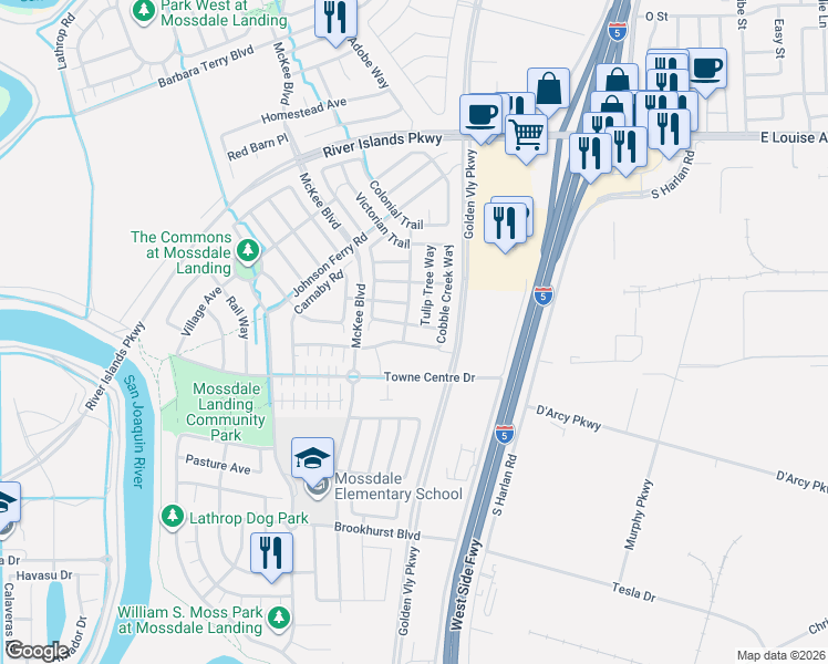 map of restaurants, bars, coffee shops, grocery stores, and more near 17049 Tulip Tree Way in Lathrop