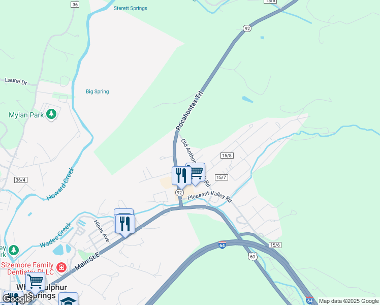 map of restaurants, bars, coffee shops, grocery stores, and more near Old US Highway 60 in White Sulphur Springs