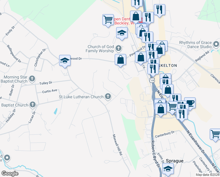 map of restaurants, bars, coffee shops, grocery stores, and more near 17 Chestnut Drive in Beckley