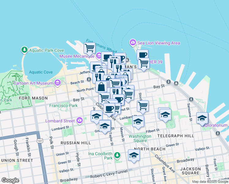 map of restaurants, bars, coffee shops, grocery stores, and more near 350 Bay Street in San Francisco