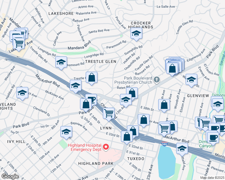 map of restaurants, bars, coffee shops, grocery stores, and more near 1221 Holman Road in Oakland