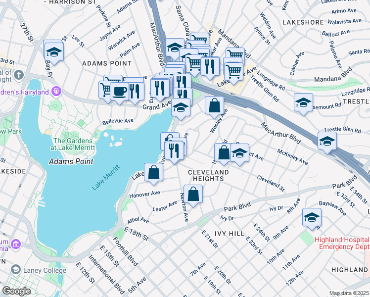 map of restaurants, bars, coffee shops, grocery stores, and more near 450 Merritt Avenue in Oakland