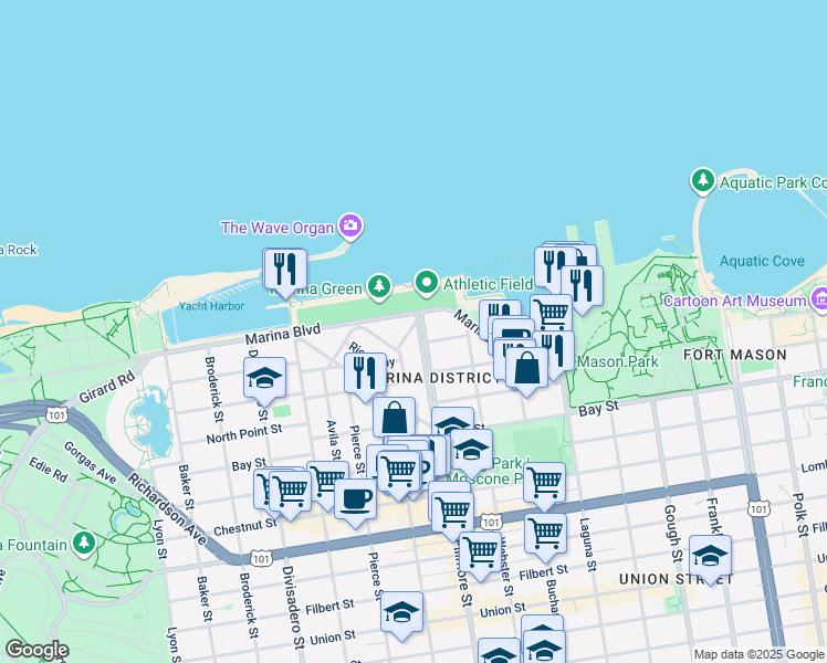 map of restaurants, bars, coffee shops, grocery stores, and more near 3789 Fillmore Street in San Francisco