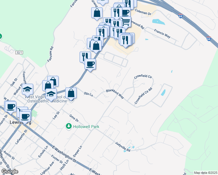 map of restaurants, bars, coffee shops, grocery stores, and more near 114 Silo Square in Lewisburg
