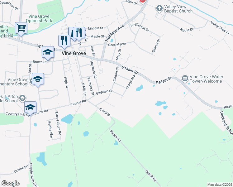 map of restaurants, bars, coffee shops, grocery stores, and more near 501-599 Stephen Street in Vine Grove