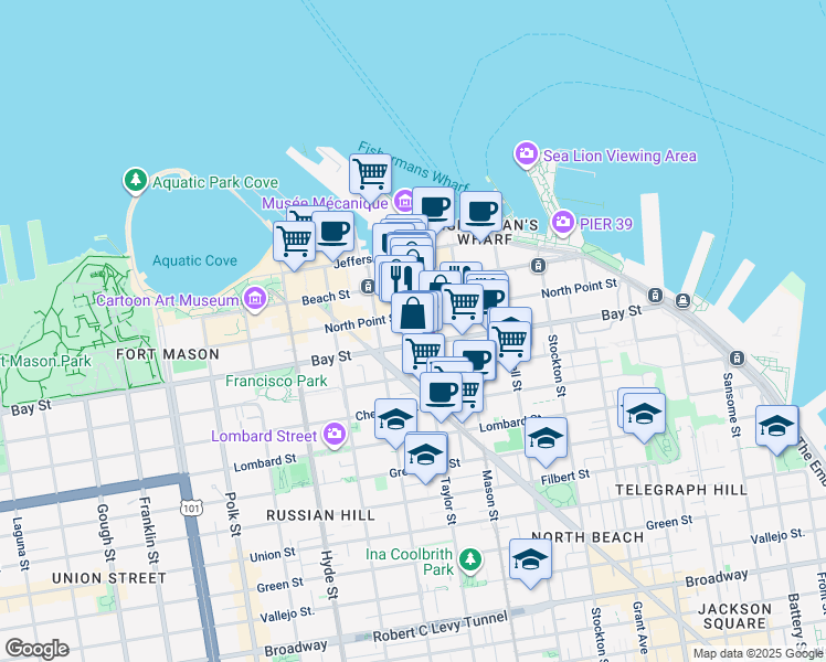 map of restaurants, bars, coffee shops, grocery stores, and more near 2350 Taylor Street in San Francisco