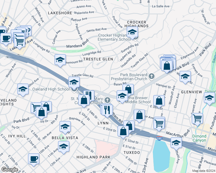 map of restaurants, bars, coffee shops, grocery stores, and more near 741 Grosvenor Place in Oakland