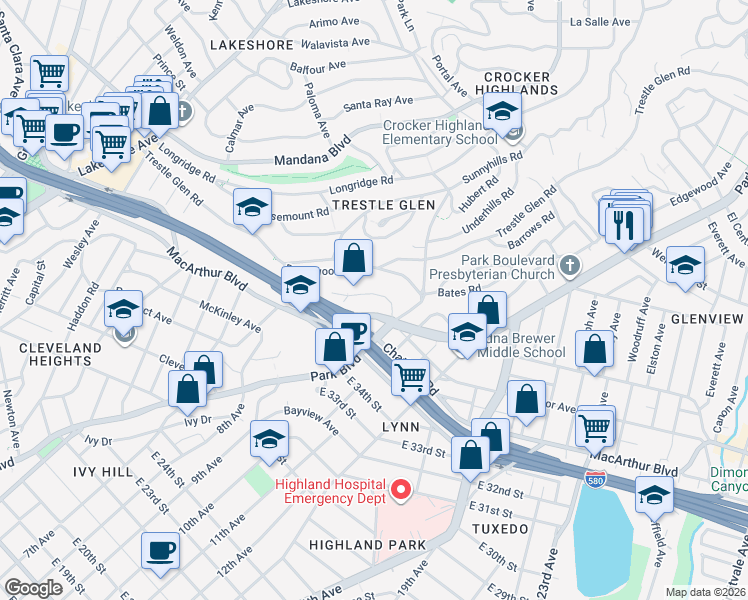 map of restaurants, bars, coffee shops, grocery stores, and more near 883 Alma Place in Oakland