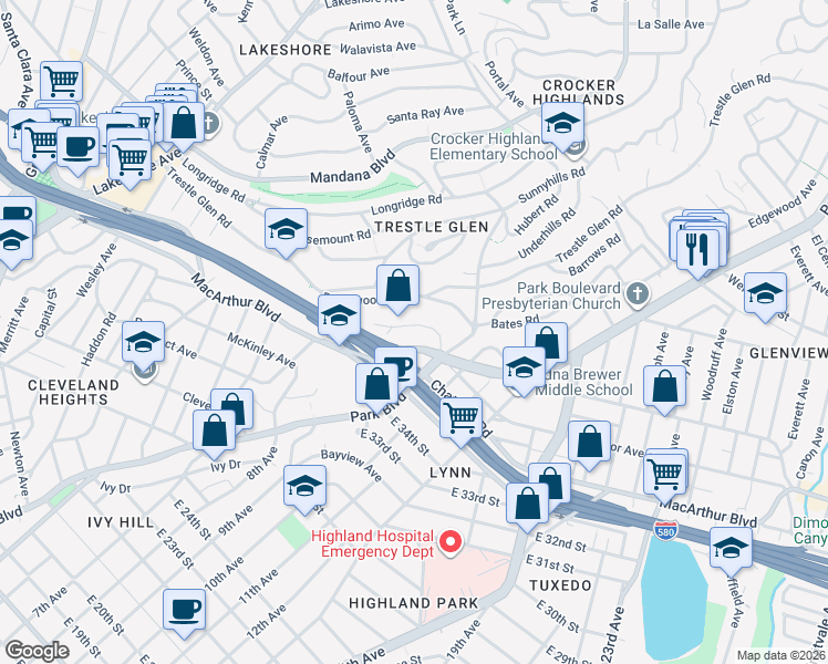 map of restaurants, bars, coffee shops, grocery stores, and more near 883 Alma Place in Oakland