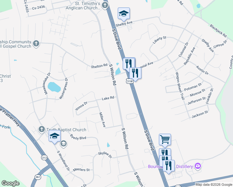 map of restaurants, bars, coffee shops, grocery stores, and more near 2451-2629 South Wilson Road in Radcliff