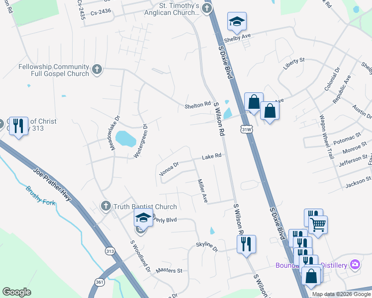 map of restaurants, bars, coffee shops, grocery stores, and more near 2491 Lake Road in Radcliff