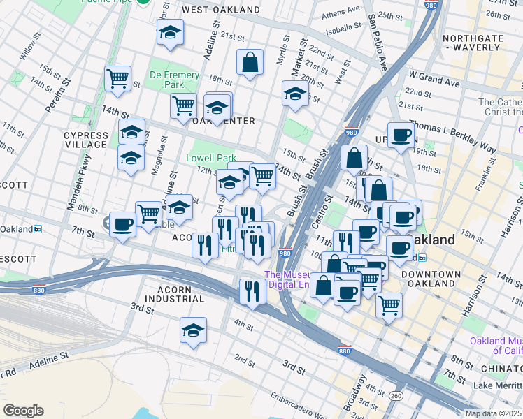 map of restaurants, bars, coffee shops, grocery stores, and more near 1100 Market Street in Oakland