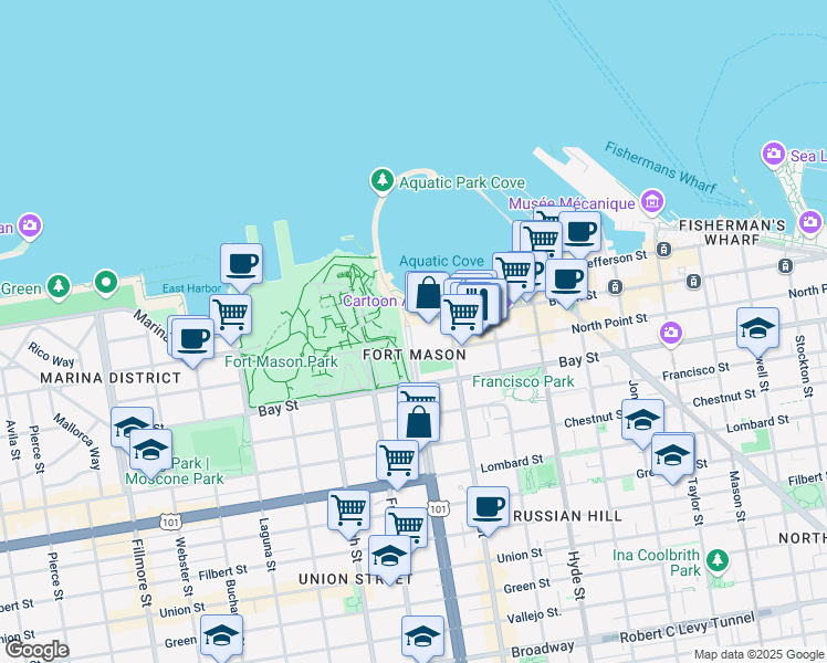 map of restaurants, bars, coffee shops, grocery stores, and more near 3250 Van Ness Avenue in San Francisco