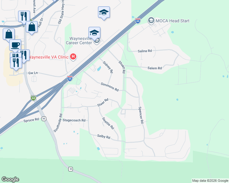 map of restaurants, bars, coffee shops, grocery stores, and more near 20060 Simmons Road in Waynesville